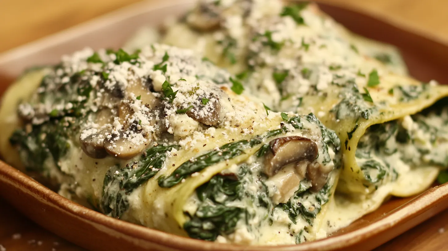 Spinach Mushroom and Ricotta Stuffed Crepes