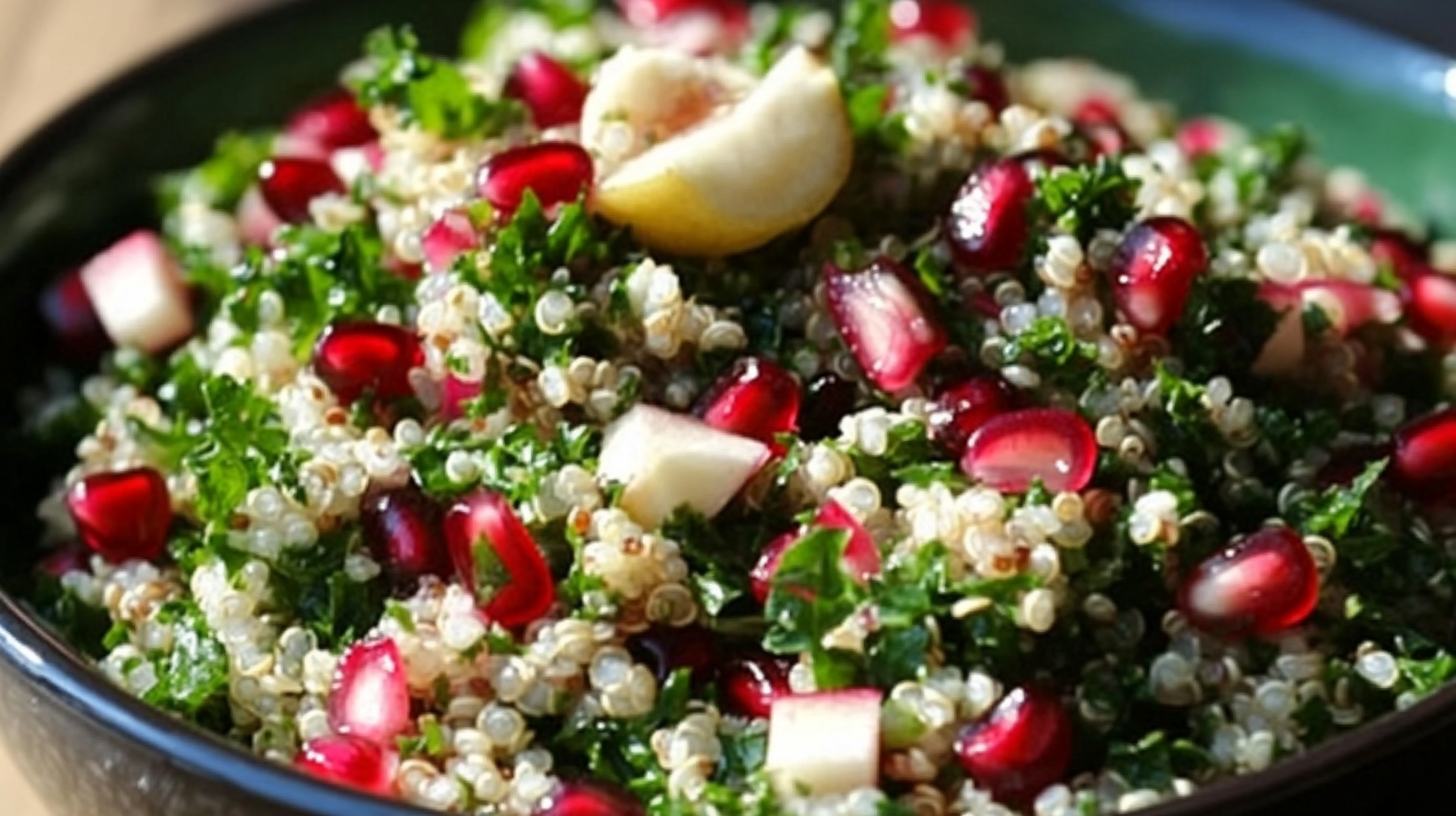 Quinoa Kale Salad with Pomegranate and Lemon Dressing
