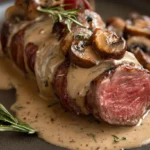 Bacon-Wrapped Venison Backstrap with Mushroom Cream Sauce