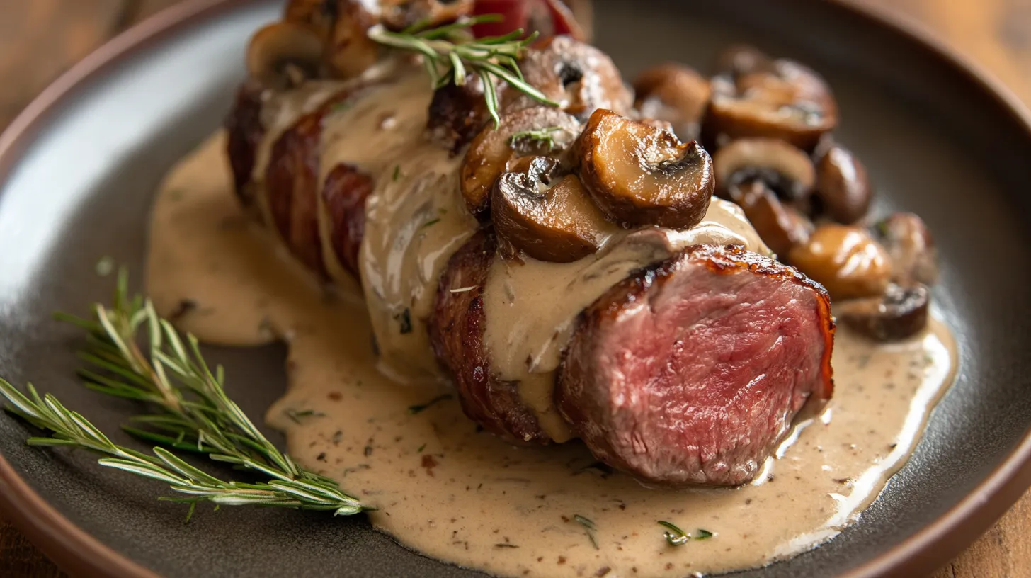 Bacon-Wrapped Venison Backstrap with Mushroom Cream Sauce