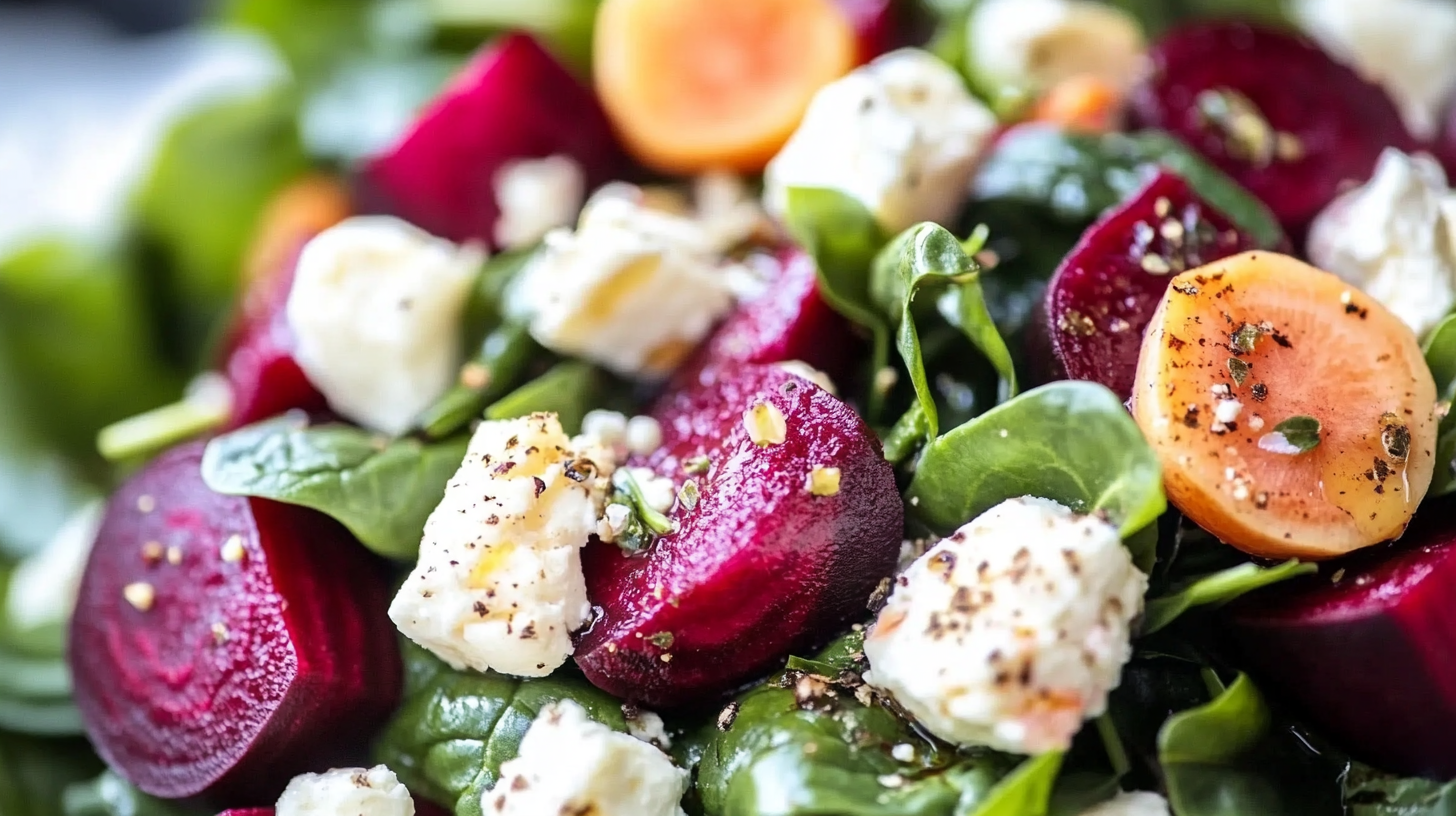 Beet, Spinach, and Goat Cheese Salad with Honey-Basil Vinaigrette
