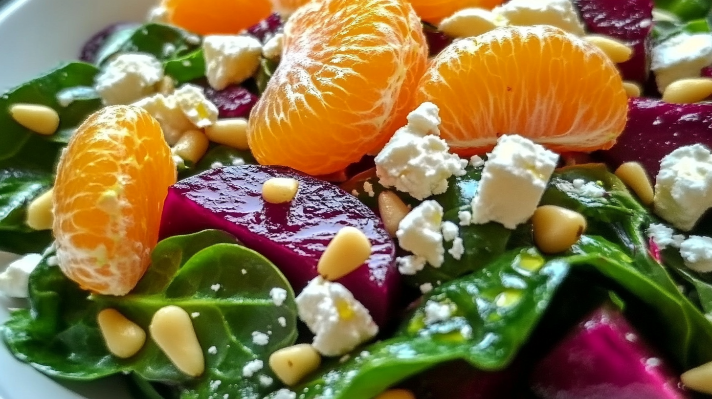 Beet Salad with Spinach, Mandarin Oranges, Red Onion, Pine Nuts, and Feta Cheese