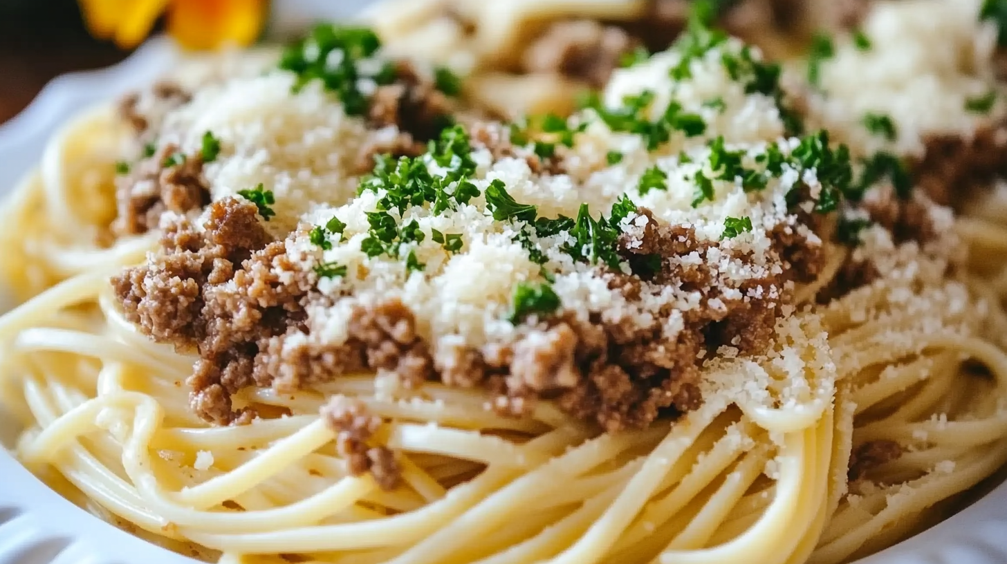 Cheesy Garlic Butter Linguine Pasta with Savory Ground Beef