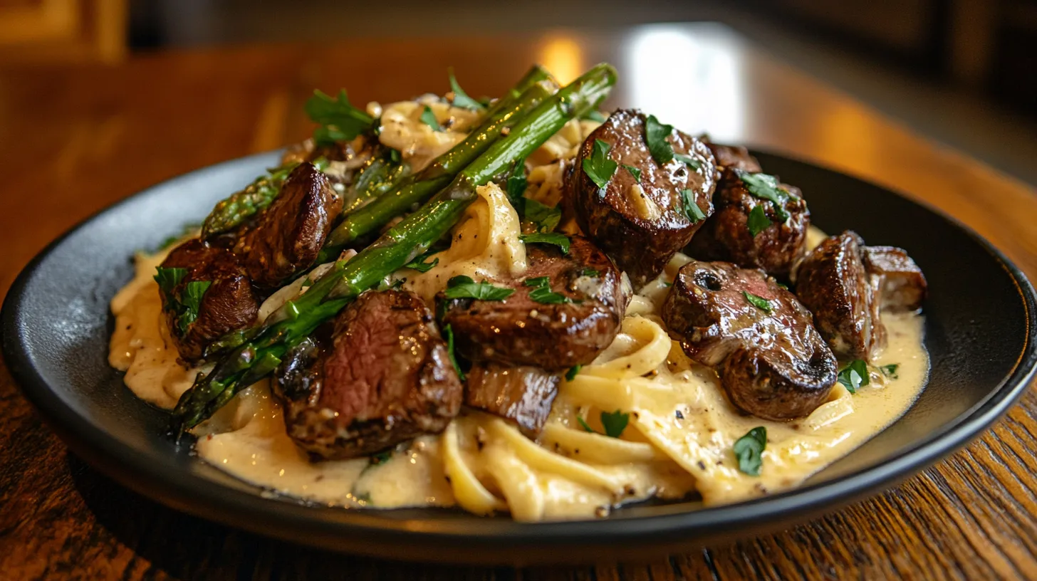 Venison Alfredo with Asparagus and Mushrooms