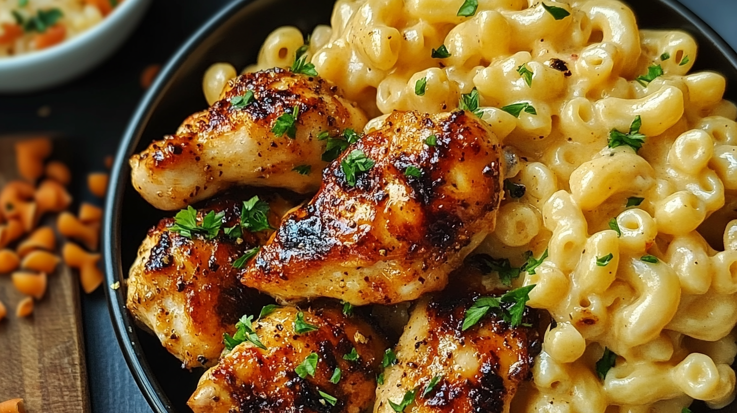 Sweet and Spicy Honey Pepper Chicken with Creamy Macaroni Cheese