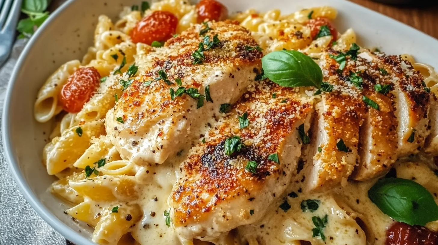 Baked Caesar Chicken with a Creamy Parmesan Pasta