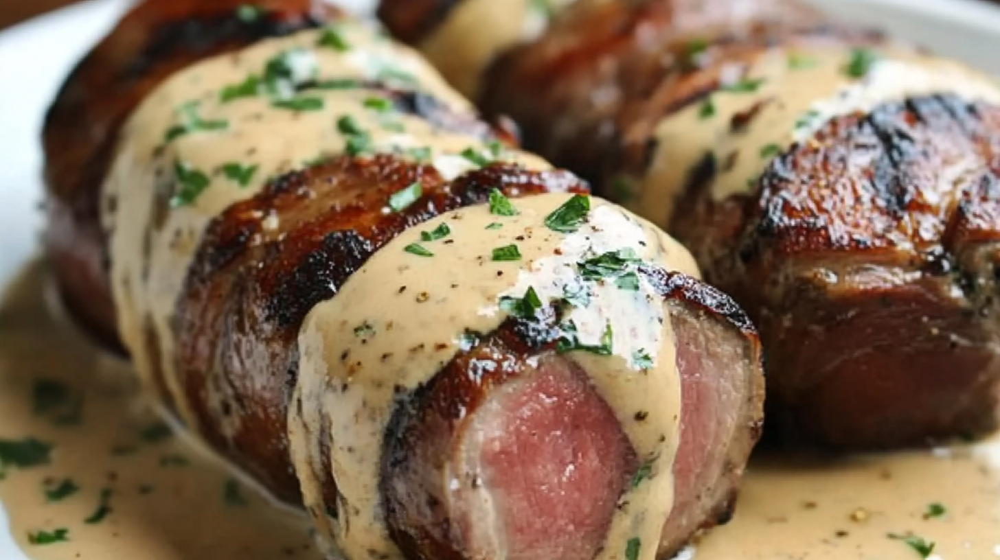 Bacon-Wrapped Venison Tenderloin with Garlic Cream Sauce
