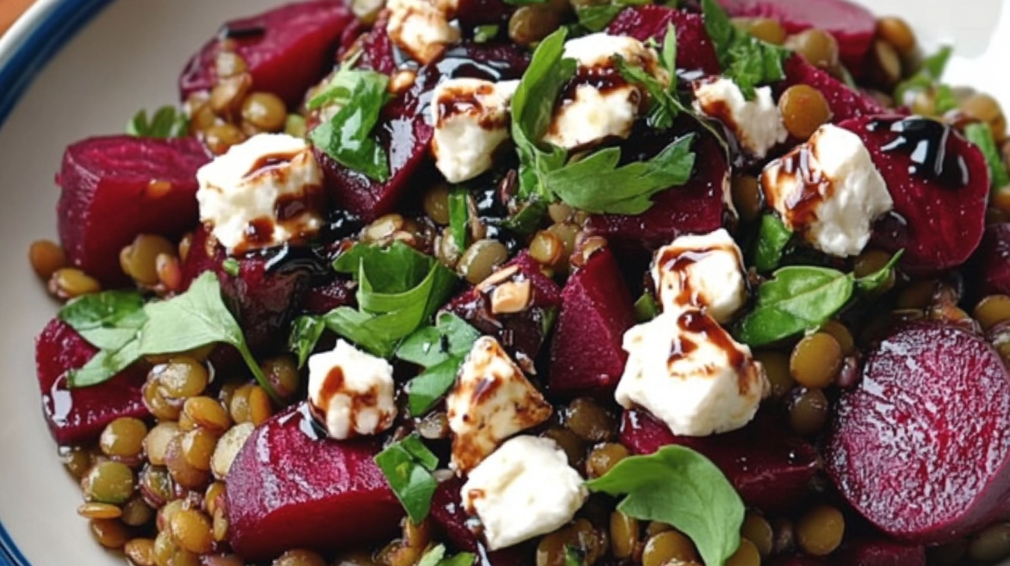 Warm Beet and Lentil Salad with Goat Cheese and Balsamic Glaze