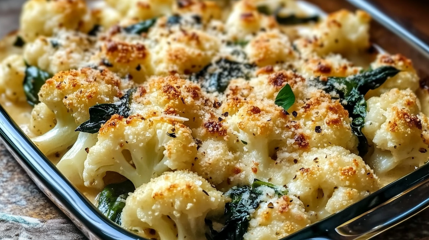 Garlic Parmesan Cauliflower Bake with Spinach
