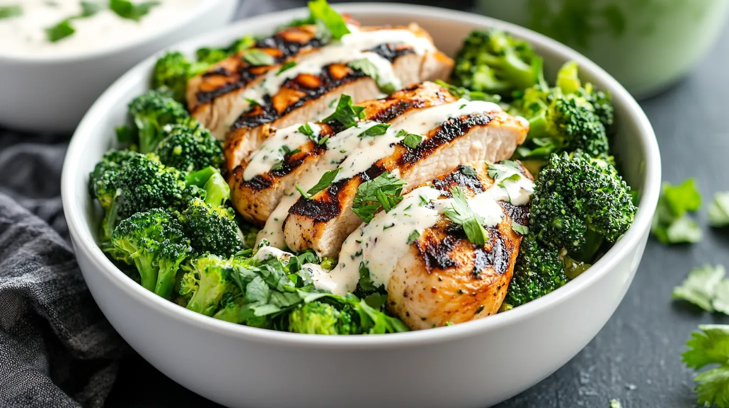Grilled Chicken & Broccoli Bowls with Creamy Garlic Sauce