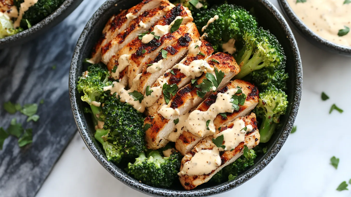 Grilled Chicken & Broccoli Bowls with Creamy Garlic Sauce