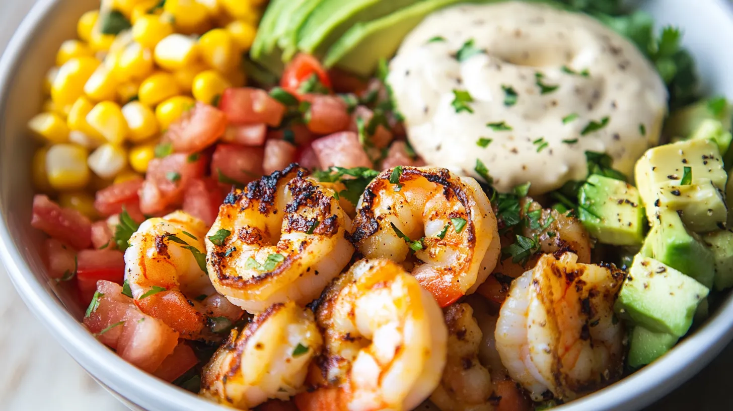 Grilled Shrimp Bowl with Avocado, Corn Salsa & Creamy Sauce