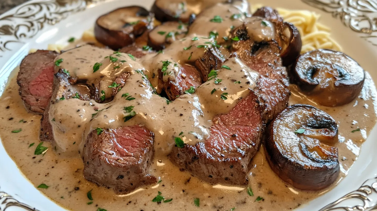 Roasted Venison in Garlic Parmesan Sauce with Portobello