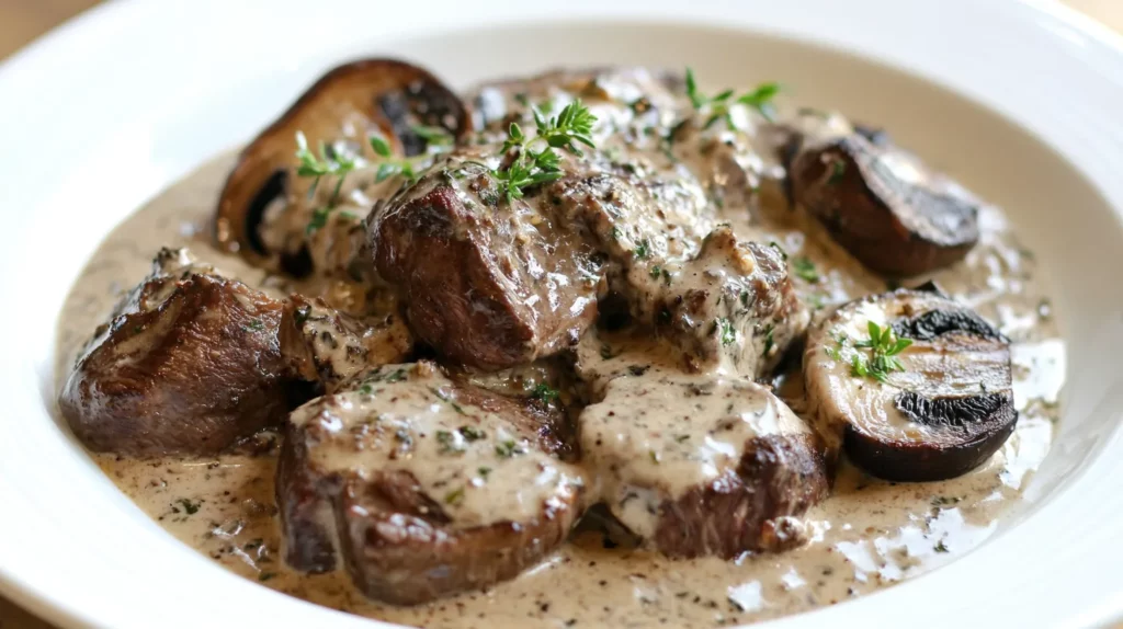 Roasted Venison in Garlic Parmesan Sauce with Portobello