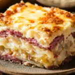 Reuben Bake with Layers of Corned Beef, Sauerkraut, and Swiss Cheese