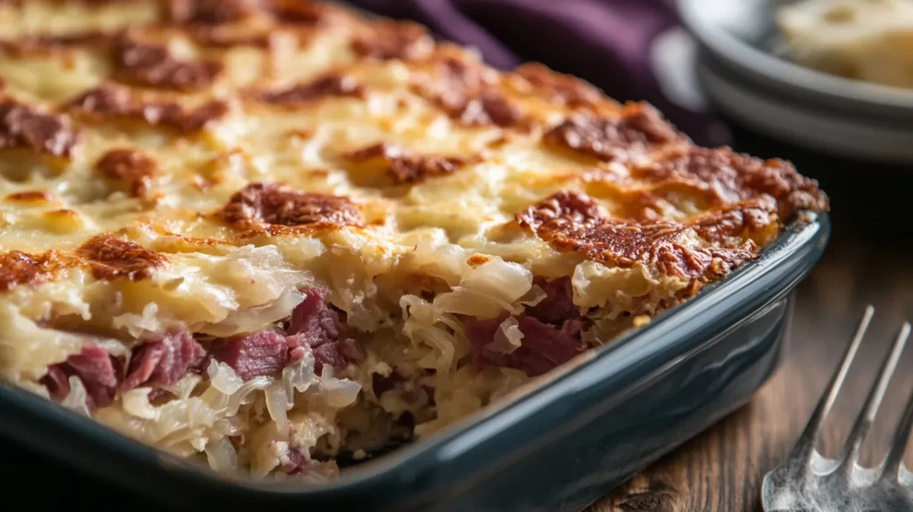 Reuben Bake with Layers of Corned Beef Sauerkraut & Swiss! 5 Reuben Bake with Layers of Corned Beef, Sauerkraut, and Swiss Cheese