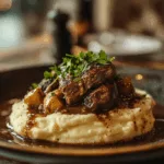 Beef Tips and Mushroom Gravy over Garlic Mashed Potatoes