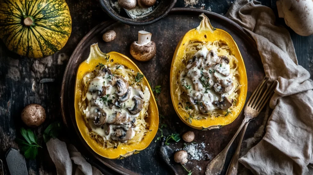Mushroom Alfredo Stuffed Spaghetti Squash