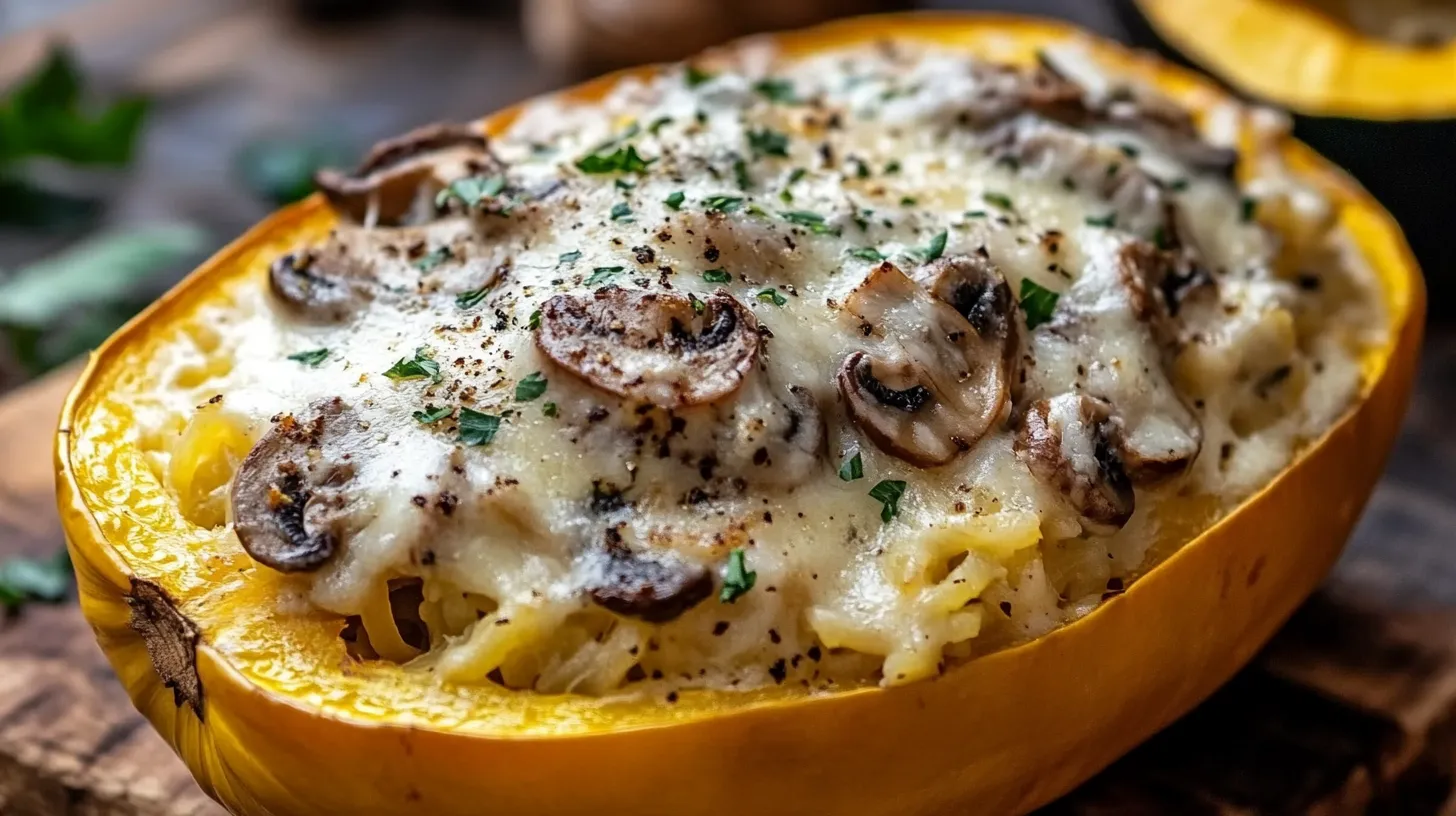 Creamy Mushroom Alfredo Stuffed Spaghetti Squash Recipe