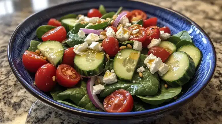 Cucumber Avocado and Spinach Salad with Garlic Dressing