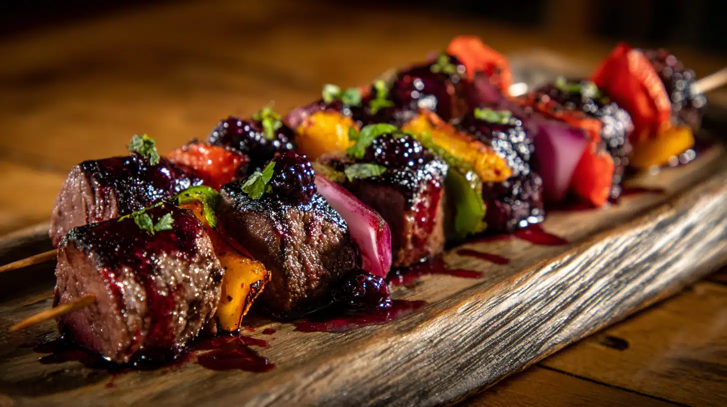 Tangy Zesty Venison Skewers with Blackberry Jalapeรฑo Glaze