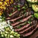 A stunning overhead view of the steak avocado and roasted corn bowl, showcasing vibrant colors and textures.