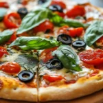 Mediterranean pizza on a rustic table with a coastal village background