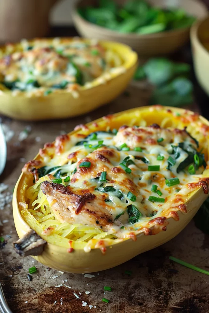 5-minute Cheesy Chicken and Spinach Spaghetti Squash Boats Easy Recipe