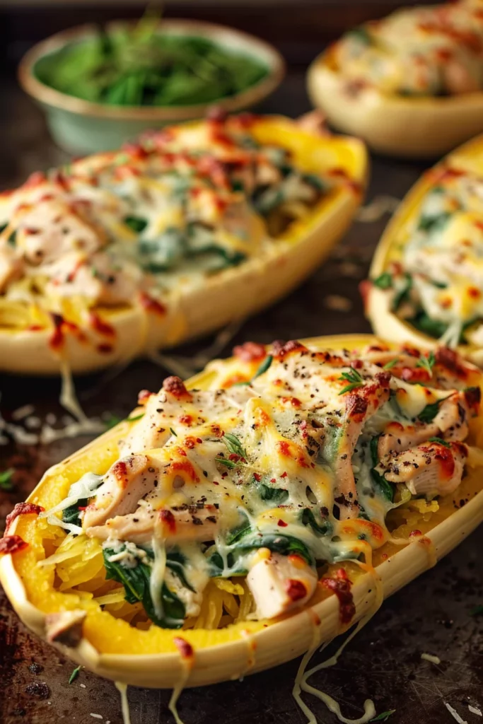5-minute Cheesy Chicken and Spinach Spaghetti Squash Boats Easy Recipe