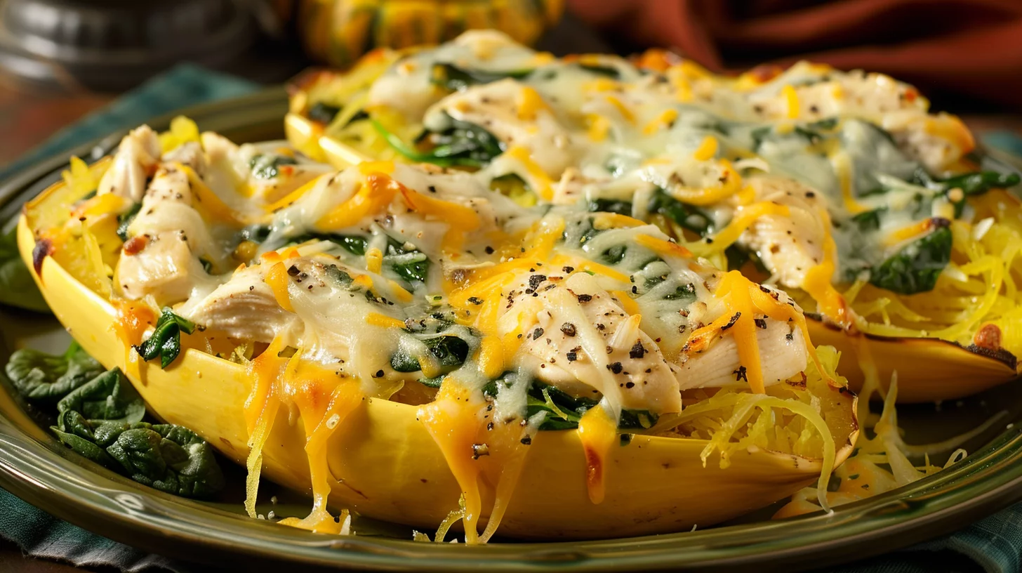 5-minute Cheesy Chicken and Spinach Spaghetti Squash Boats Easy Recipe
