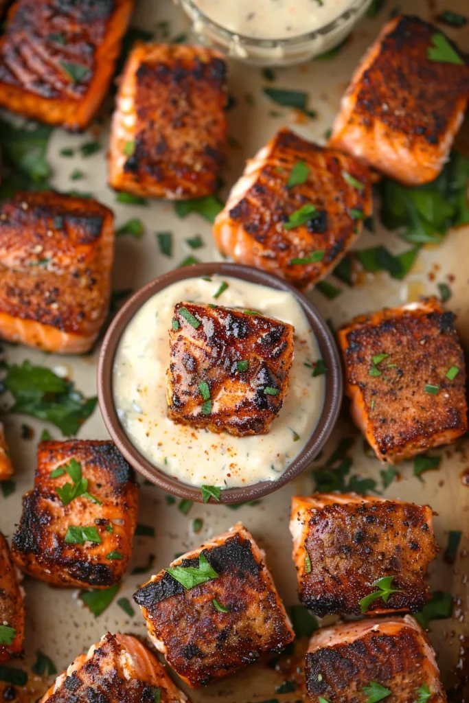 Blackened Salmon Bites With Creamy Cajun Dip - Delicious Recipe