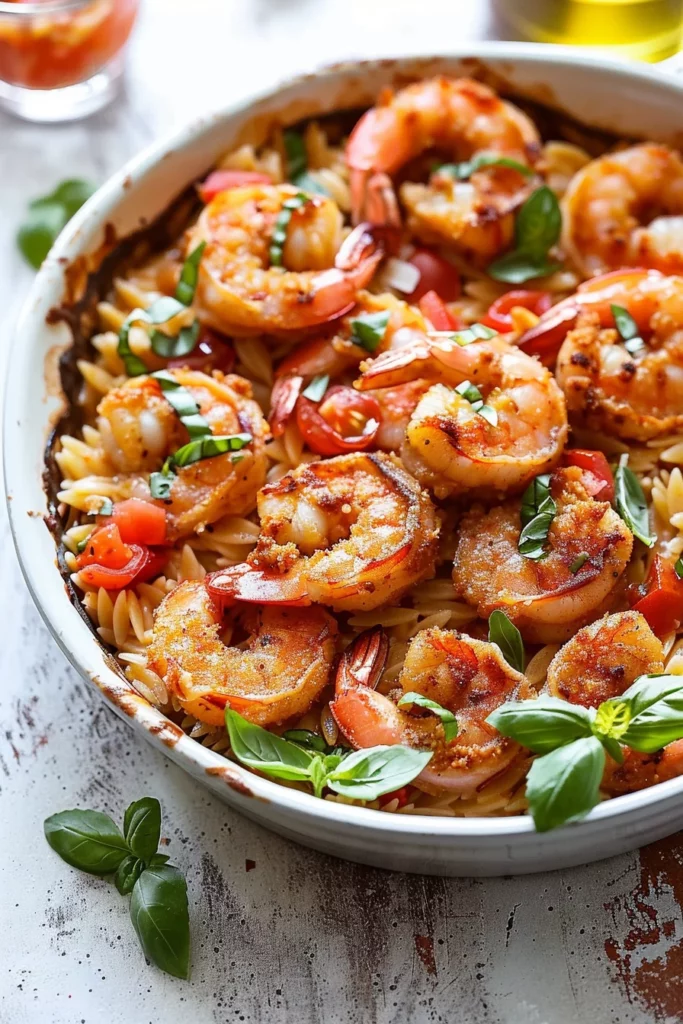 Spicy Garlic Parmesan Orzo Bake With Shrimp - Delicious Recipe