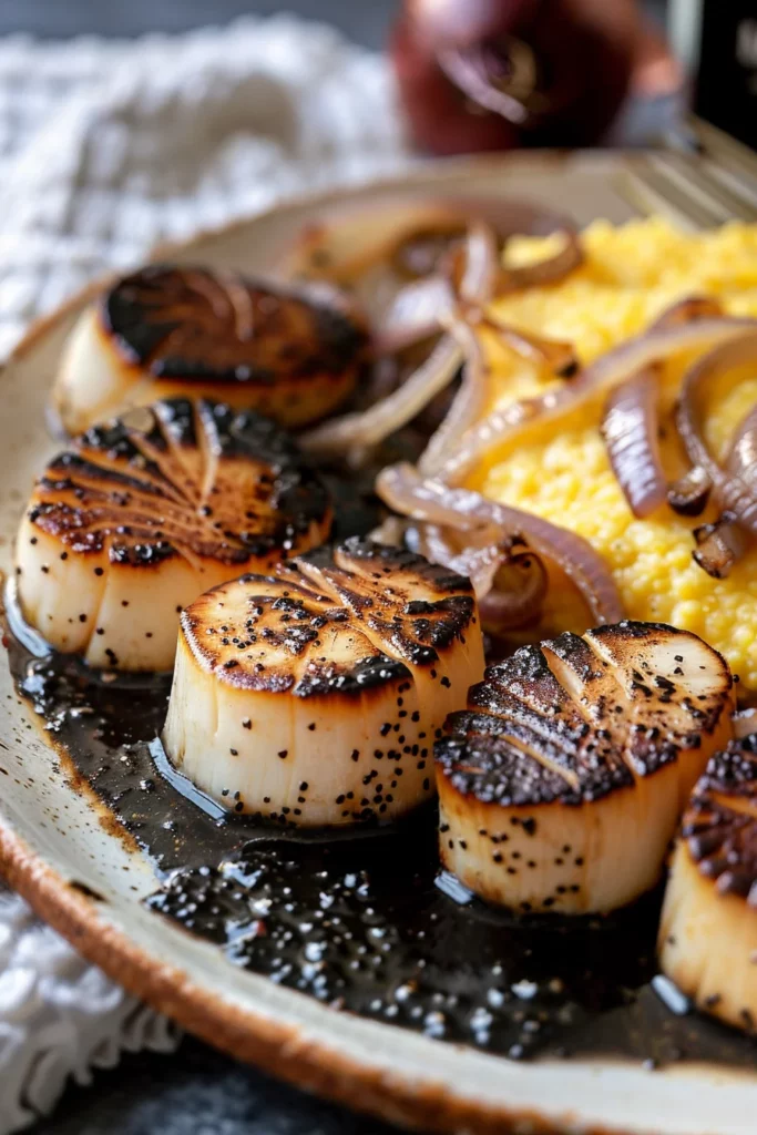 Black Garlic Butter Scallops with Truffle Polenta and Roasted Cipollini Onions 12 Black Garlic Butter Scallops with Truffle Polenta and Roasted Cipollini Onions