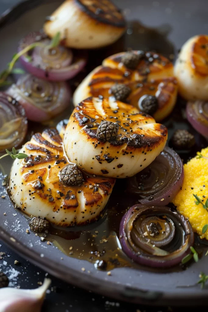 Black Garlic Butter Scallops with Truffle Polenta and Roasted Cipollini Onions 13 Black Garlic Butter Scallops with Truffle Polenta and Roasted Cipollini Onions