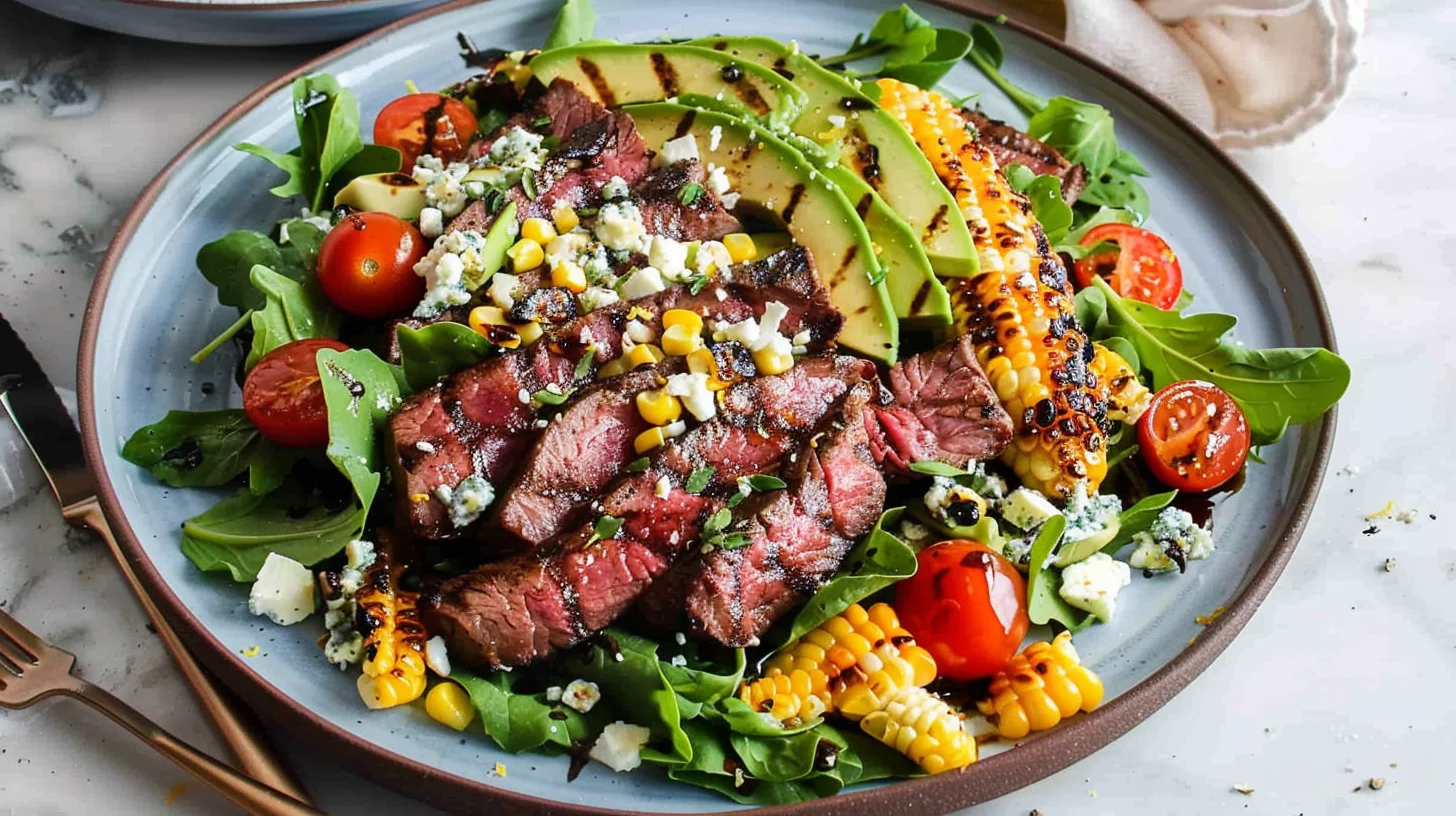 Grilled Balsamic Steak Salad with Creamy Gorgonzola and Sweet Corn