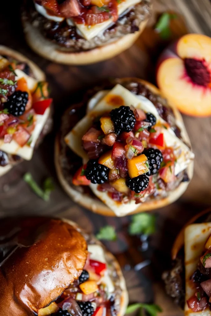 Grilled Venison Smash Burgers With Blackberry Peach Salsa and Whipped Brie 12 Grilled Venison Smash Burgers With Blackberry Peach Salsa and Whipped Brie