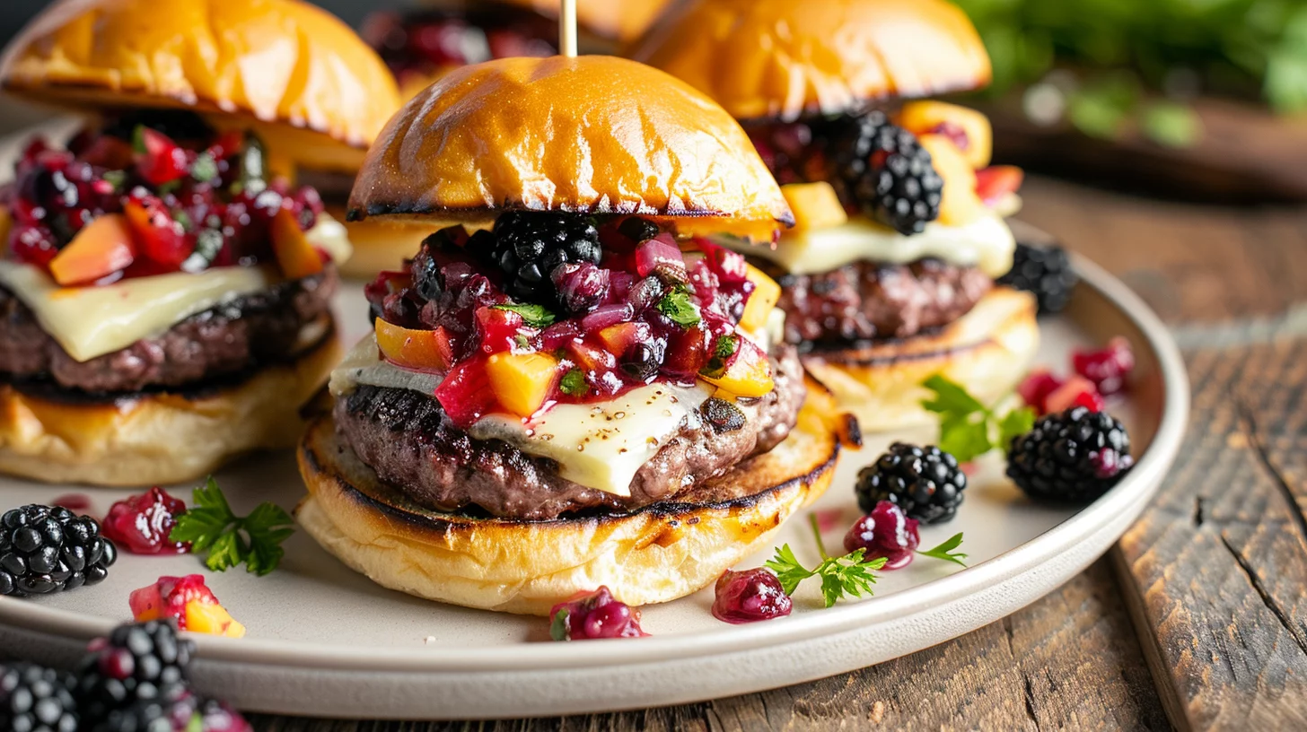 Grilled Venison Smash Burgers With Blackberry Peach Salsa and Whipped Brie