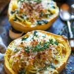 Creamy Three-Cheese Garlic Herb Spinach Stuffed Spaghetti Squash Delight