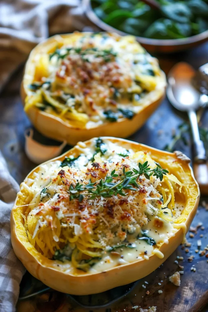 Creamy Three-Cheese Garlic Herb Spinach Stuffed Spaghetti Squash Delight - Ultimate Comfort Food Delight