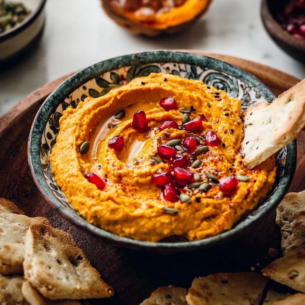 Creamy pumpkin hummus served in a bowl, garnished with spices and olive oil.