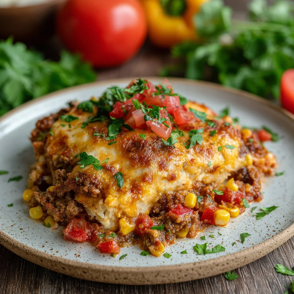 Delicious beef enchilada casserole topped with cheese and fresh herbs.
