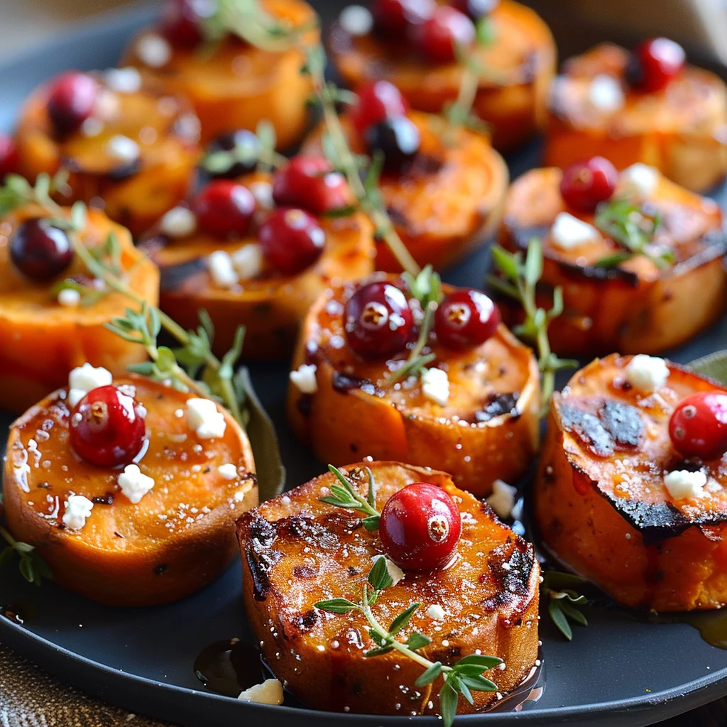 Caramelized Sweet Potato Bites With Cranberry Feta Sparkle