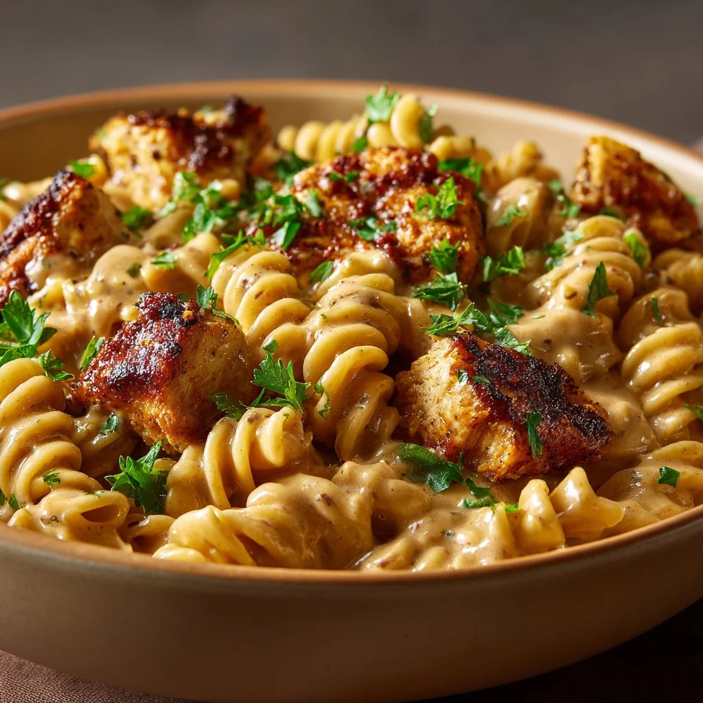 Cheesy Cajun Garlic Chicken Rotini Skillet topped with herbs