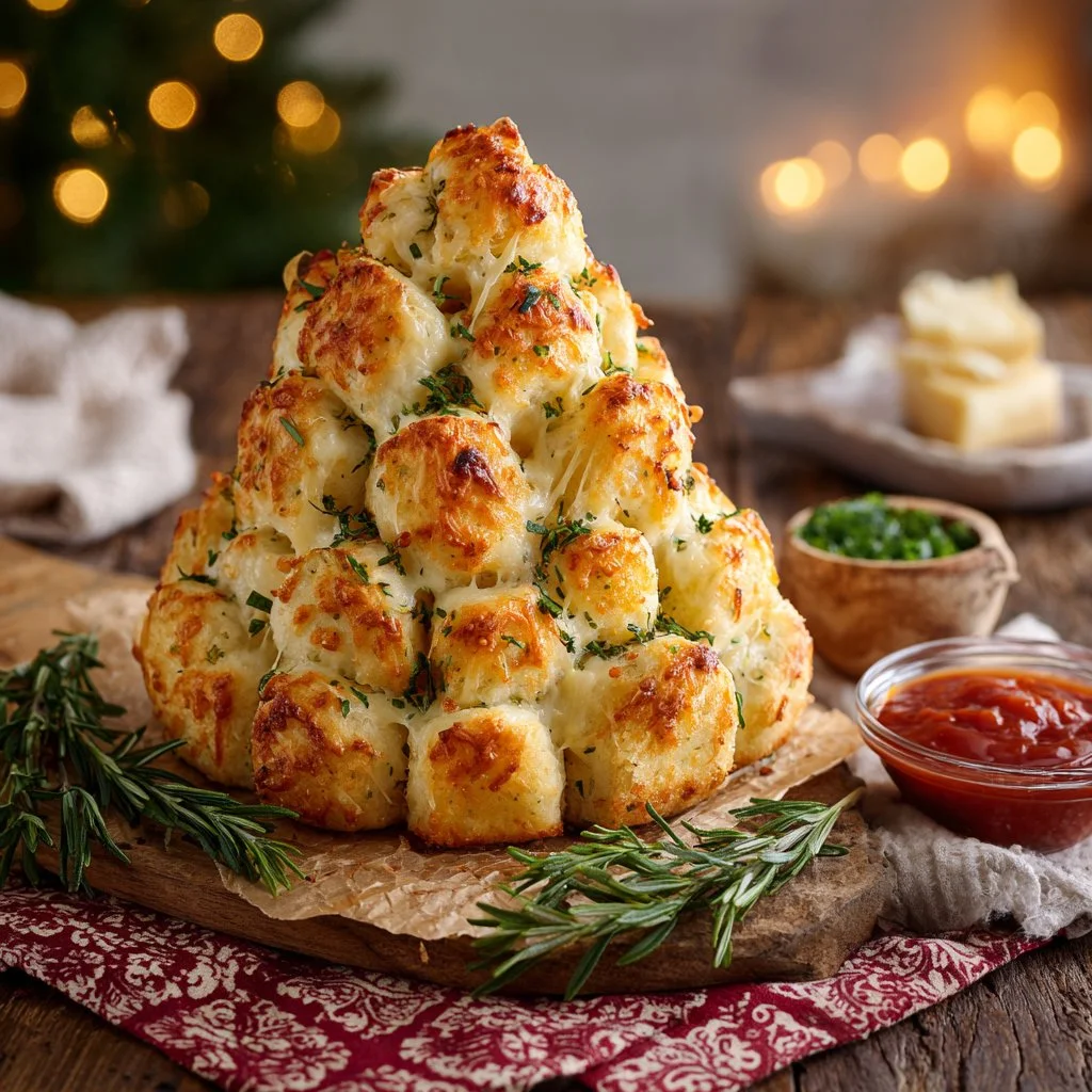 Cheesy Christmas Tree Bread 2 Cheesy Christmas tree bread shaped like a festive tree with melted cheese