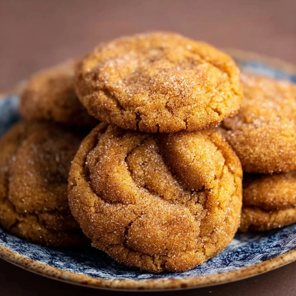 Chewy pumpkin snickerdoodle cookies with cinnamon sugar on a plate