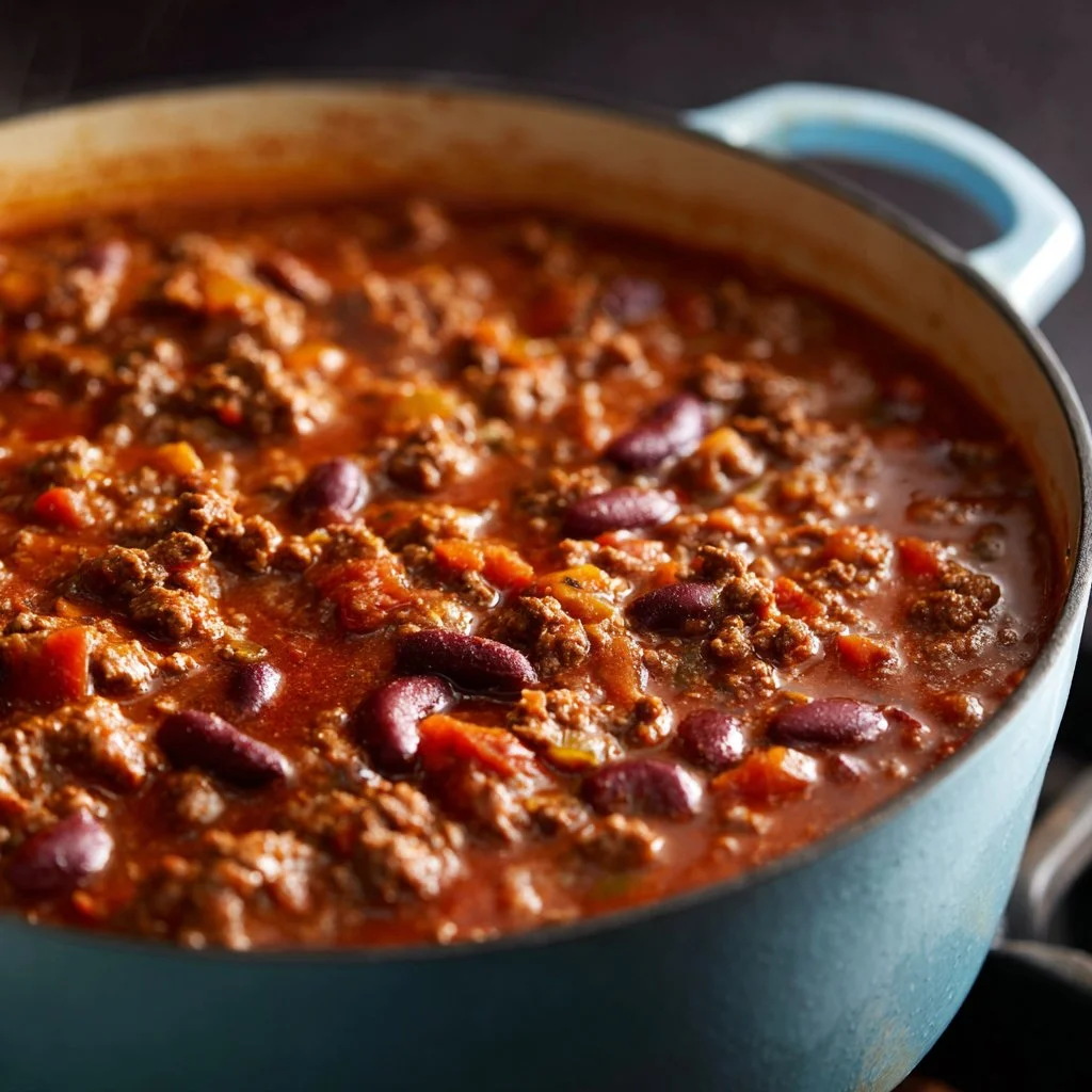 A hearty bowl of chili topped with cheese and fresh herbs, perfect for comfort food lovers.
