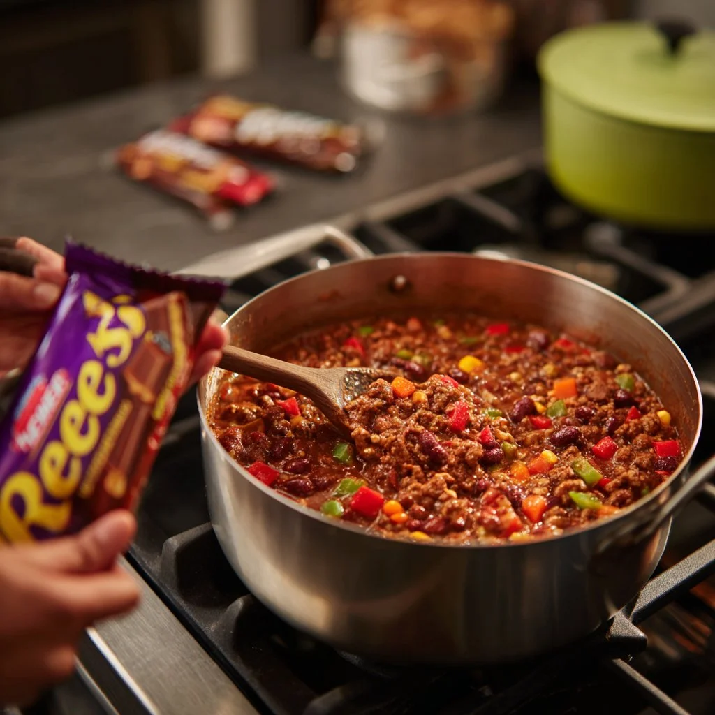 Bowl of chili topped with peanut butter and chocolate for a unique flavor experience.