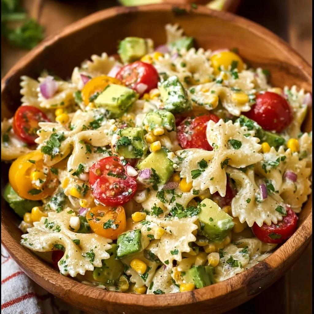Cilantro Lime Pasta Salad served in a bowl with fresh ingredients