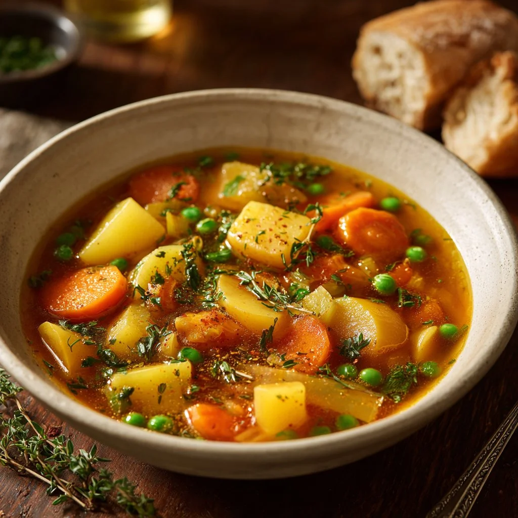 Bowl of comforting one-pot creamy vegetable soup with fresh vegetables.
