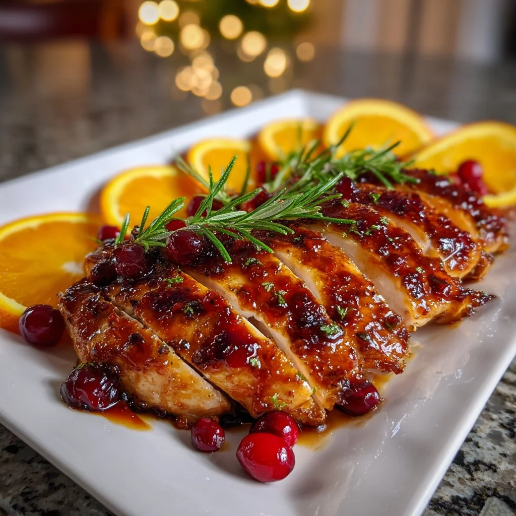 Cranberry Orange Glazed Turkey Breast ready to serve on a festive table